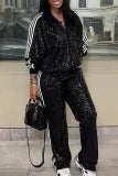 Sweatsuit- TWO PIECES / Two-piece Pants Set / Black Casual Solid Sequins Patchwork Zipper Turndown Collar Long Sleeve Two Pieces.